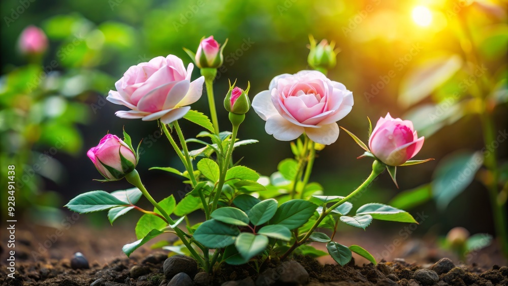 Delicate pink and white rose seedlings sprout from callused stems amidst lush green leaves, symbolizing hope and new beginnings in the natural world. Delicate pink and white rose seedlings sprout from callused stems amidst lush green leaves, symbolizing hope and new beginnings in the natural world.