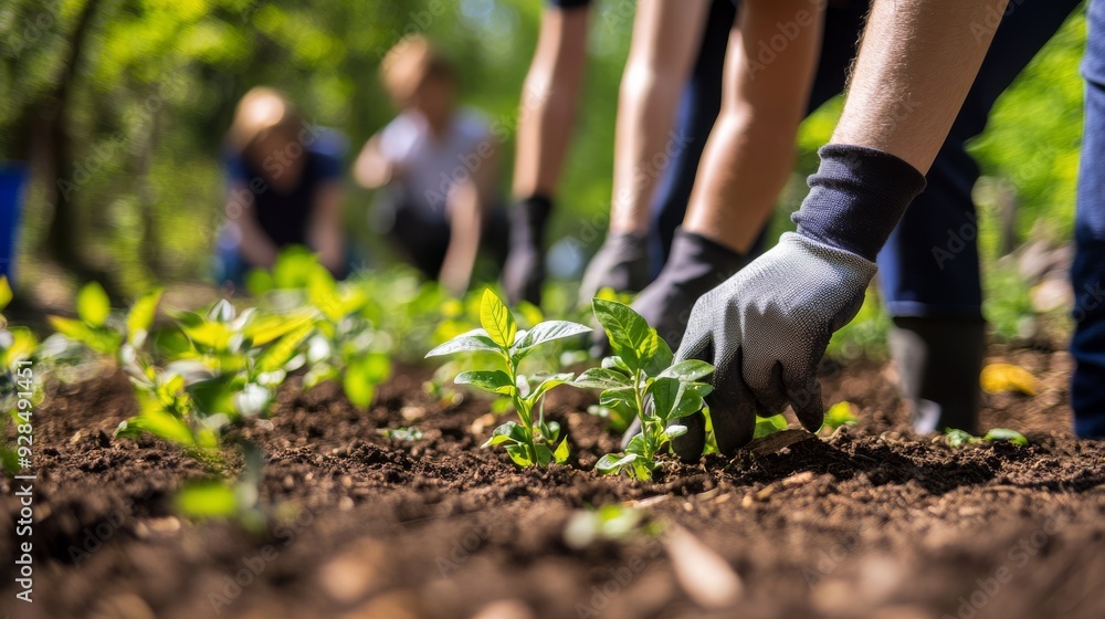 Young people are planting trees in the park, with some of them wearing gloves and gardening.