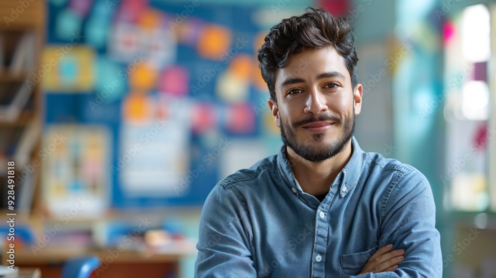 Portrait of a male teacher smiling in classroom Portrait of a male teacher smiling in classroom