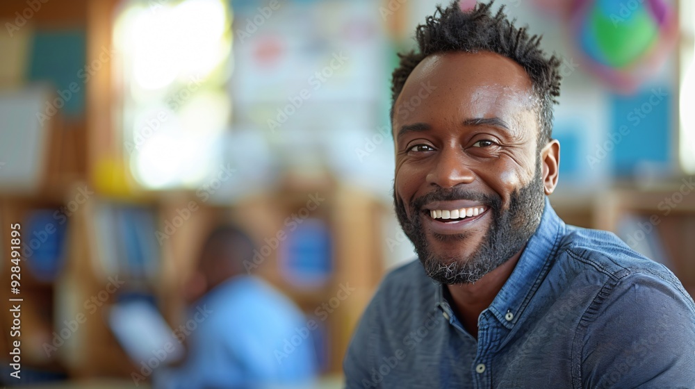 Portrait of a black male teacher smiling in classroom Portrait of a black male teacher smiling in classroom