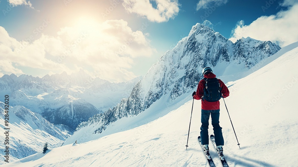 Skier standing on a snowy mountain slope with picturesque snow-capped peaks in the background under a blue sky with clouds. Generative ai Skier standing on a snowy mountain slope with picturesque snow-capped peaks in the background under a blue sky with clouds. Generative ai