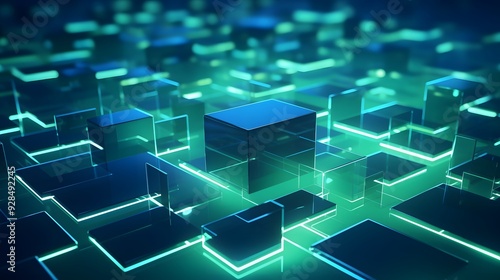 3d rendering of mind green and blue abstract geometric background. Scene for advertising, technology, showcase, banner, game, sport, cosmetic, business, metaverse. Sci-Fi Illustration. Product display