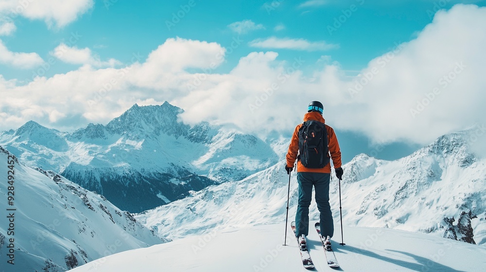 Skier standing on a snowy mountain slope with picturesque snow-capped peaks in the background under a blue sky with clouds. Generative ai Skier standing on a snowy mountain slope with picturesque snow-capped peaks in the background under a blue sky with clouds. Generative ai