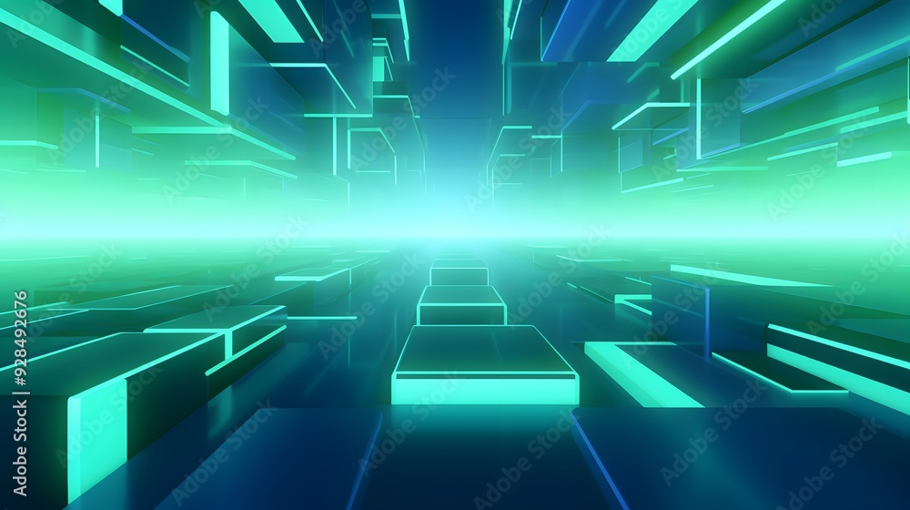 Obraz premium 3d rendering of mind green and blue abstract geometric background. Scene for advertising, technology, showcase, banner, game, sport, cosmetic, business, metaverse. Sci-Fi Illustration. Product display