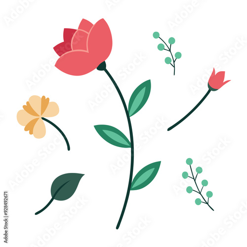 Charming Flower Corner – Detailed Line Art & Colorful Silhouette Vector Illustration.