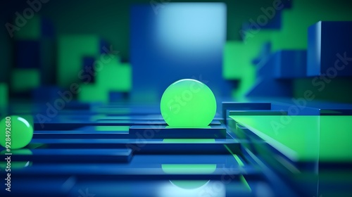 3d rendering of mind green and blue abstract geometric background. Scene for advertising, technology, showcase, banner, game, sport, cosmetic, business, metaverse. Sci-Fi Illustration. Product display