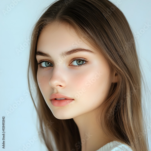  "Elegant Portrait: Beautiful Girl with Smooth Skin on White Background"