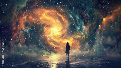 A lone figure stands before a cosmic spiral, looking out towards the vast expanse of the universe.