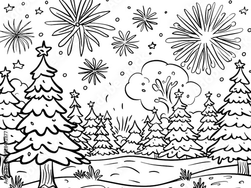 Charming in a snowy landscape with trees, perfect for holiday coloring. Vector, generative ai.