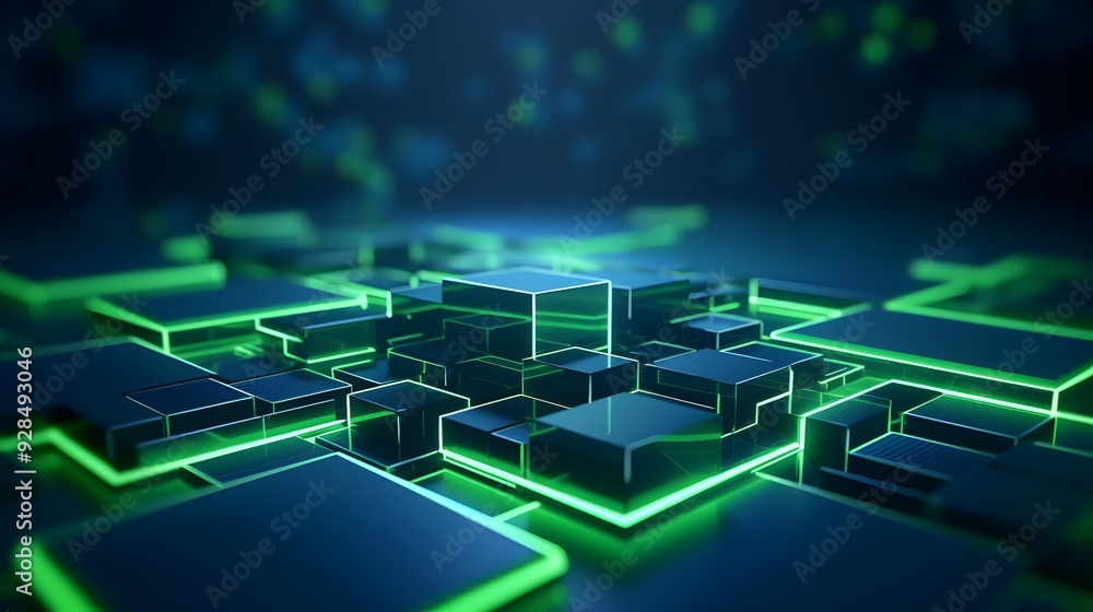 Obraz premium 3d rendering of mind green and blue abstract geometric background. Scene for advertising, technology, showcase, banner, game, sport, cosmetic, business, metaverse. Sci-Fi Illustration. Product display