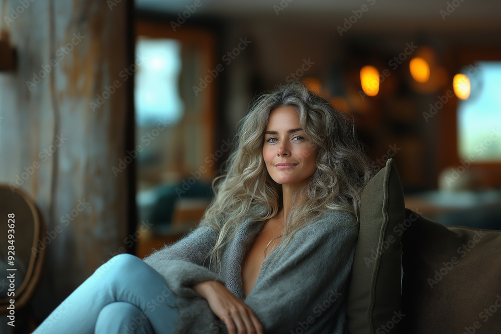 Thoughtful woman sitting in cozy armchair at home, having relaxing weekend. Thoughtful woman sitting in cozy armchair at home, having relaxing weekend.