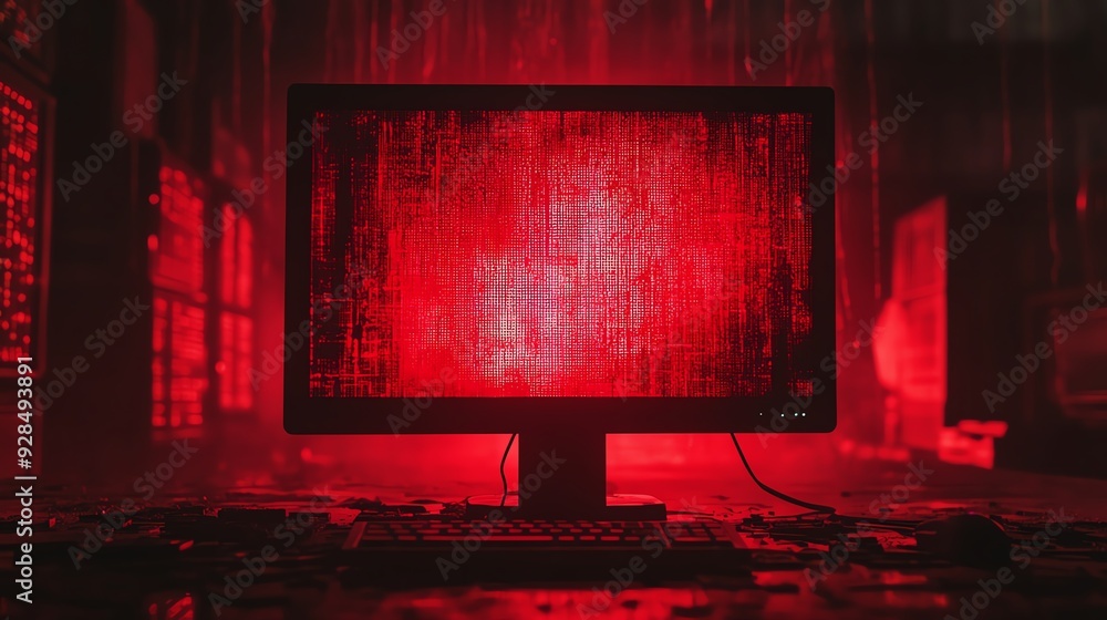 Ransomware alert message, dark red screen, highlighting danger of cyber