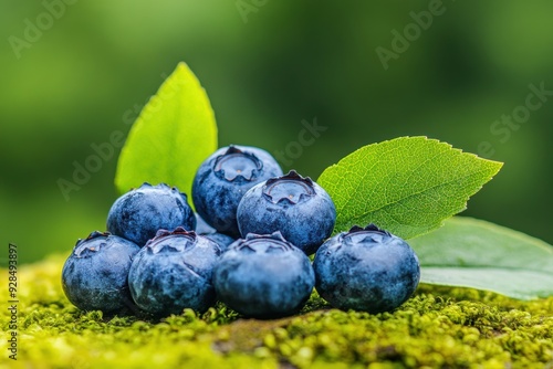 Fresh blueberries with green leaves on natural moss background photo