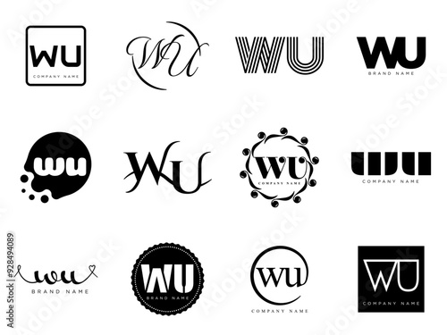 WU logo company template. Letter w and u logotype. Set different classic serif lettering and modern bold text with design elements. Initial font typography. photo