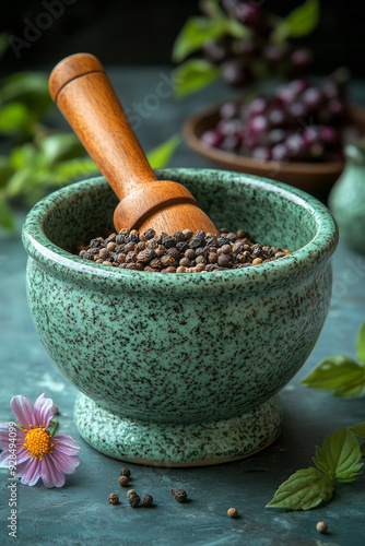 A mortar and pestle, isolated on a pastel green background, capturing the tradition of grinding spices and herbs,