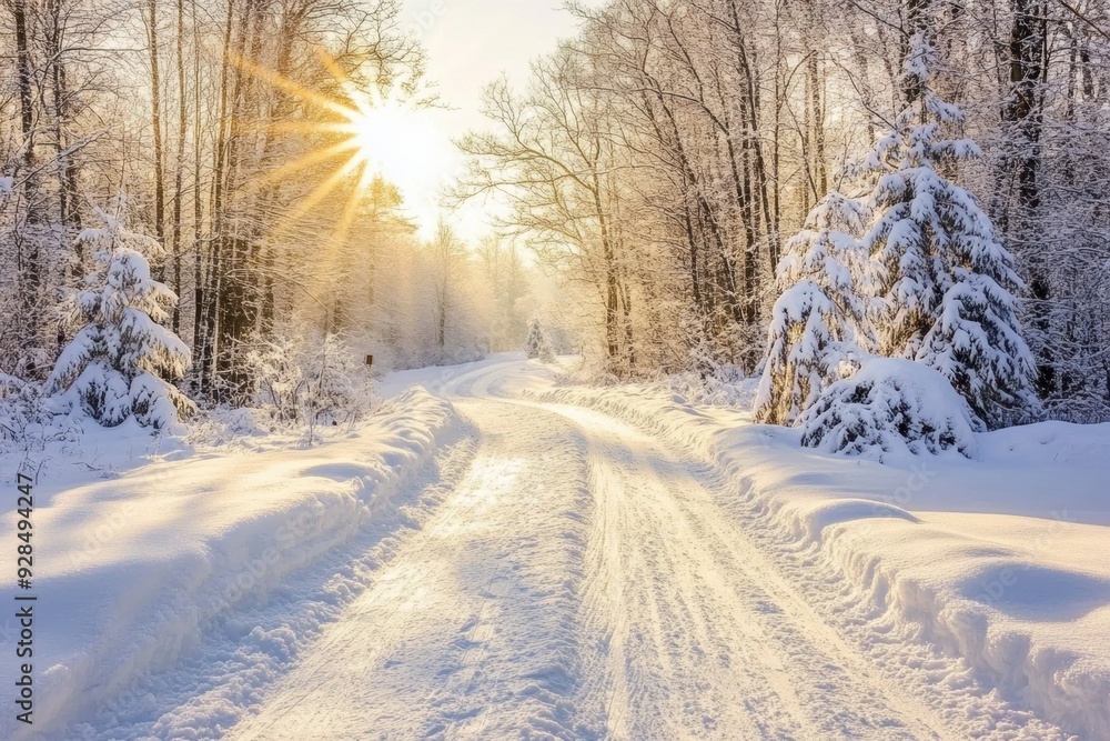 Fototapeta premium Winter sunrise on snowy road