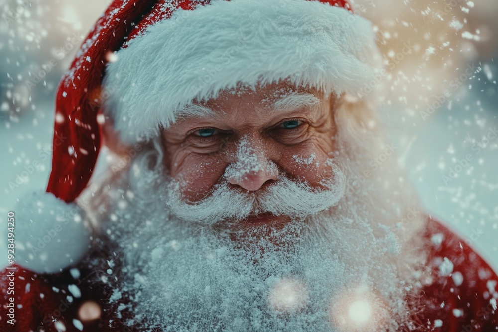 Santa Claus with warm bokeh lights in the background. Perfect for creating a cozy holiday atmosphere.