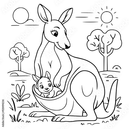 mother and baby kangaroo coloring page , illustration , sketching , coloring book ,australian kangaroo , outline drawing ,