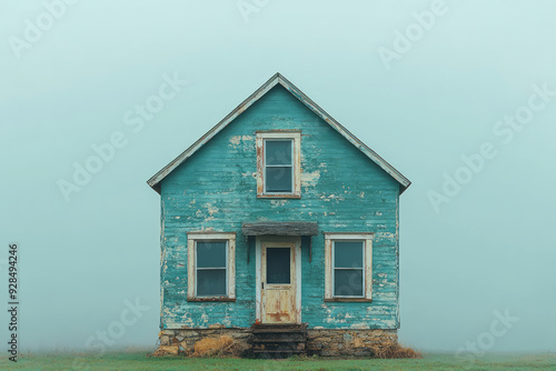 A house with uneven foundations, isolated on a pastel green background, symbolizing the instability caused by inequality,