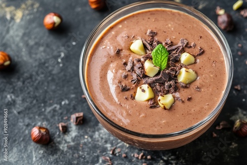 Decadent chocolate hazelnut smoothie bowl with mint garnish