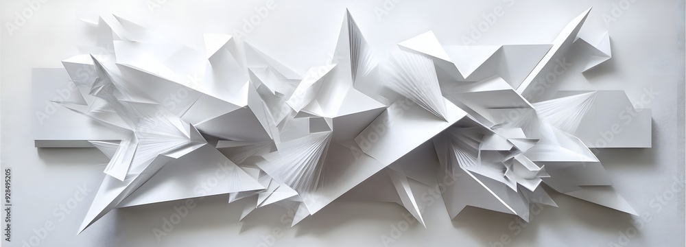 58. Futuristic 3D wall art with layered shapes and floating prisms creating a sophisticated geometric design on white. 58. Futuristic 3D wall art with layered shapes and floating prisms creating a sophisticated geometric design on white.