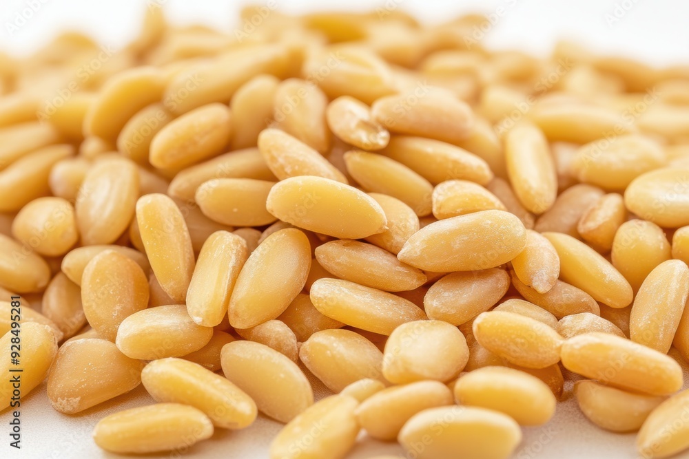 Close-up of nutritious yellow pine nuts on white background Close-up of nutritious yellow pine nuts on white background