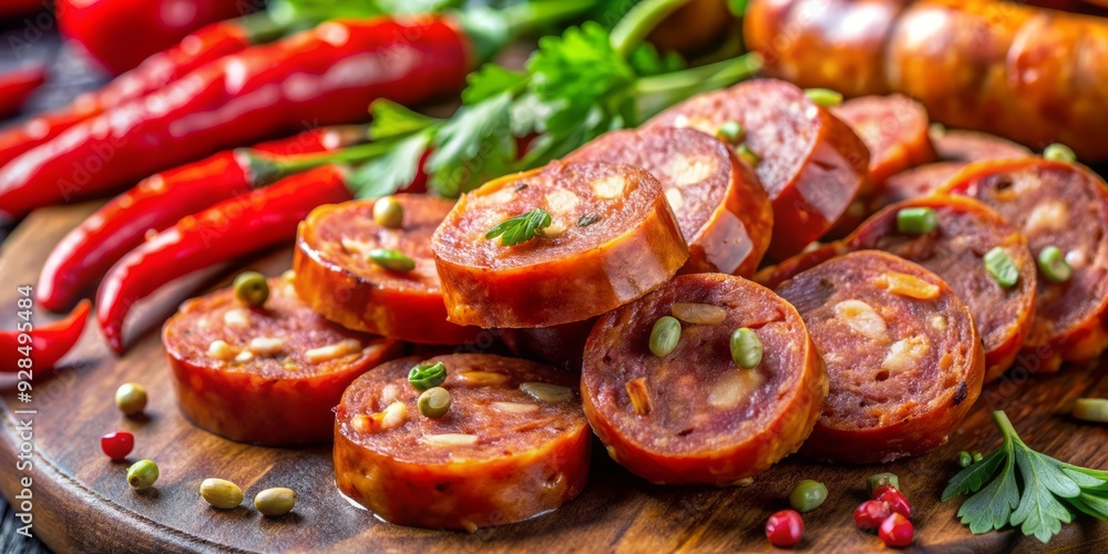 Vibrant close-up of sliced, homemade-style Thai sausage, richly seasoned with local spices, preserved through traditional sun-drying methods, showcasing cultural culinary heritage. Vibrant close-up of sliced, homemade-style Thai sausage, richly seasoned with local spices, preserved through traditional sun-drying methods, showcasing cultural culinary heritage.