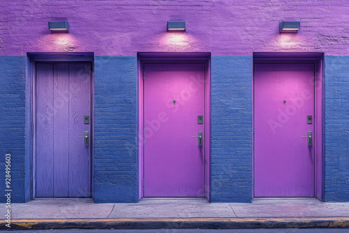 A line of doors with one locked, isolated on a pastel lavender background, symbolizing restricted access and opportunity, photo