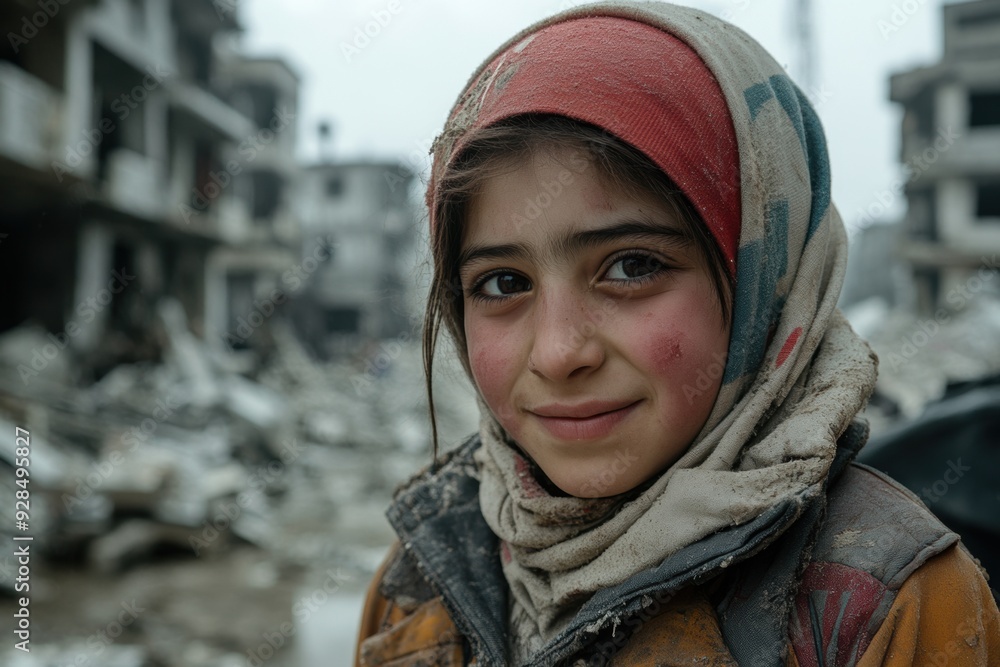Hopeful gaze of young girl amidst ruins Hopeful gaze of young girl amidst ruins