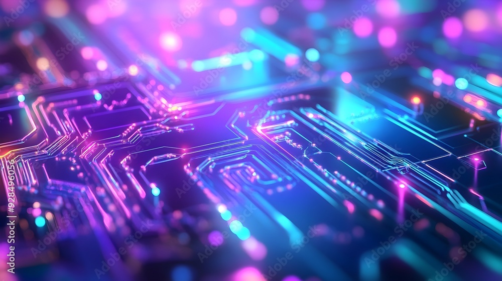 Abstract Technology Background with Neon Lights and Circuits Abstract Technology Background with Neon Lights and Circuits