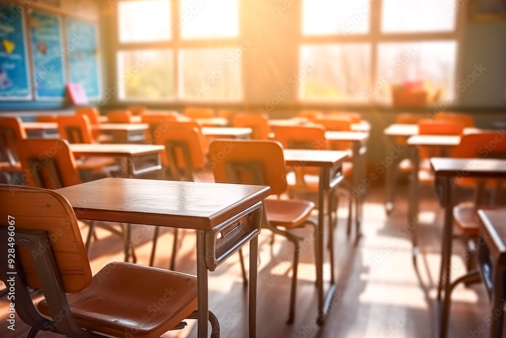 A classroom with desks and chairs and a whiteboard. The room is empty and the sun is shining through the windows A classroom with desks and chairs and a whiteboard. The room is empty and the sun is shining through the windows