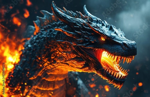 Close-up of a dragon breathing fire. photo