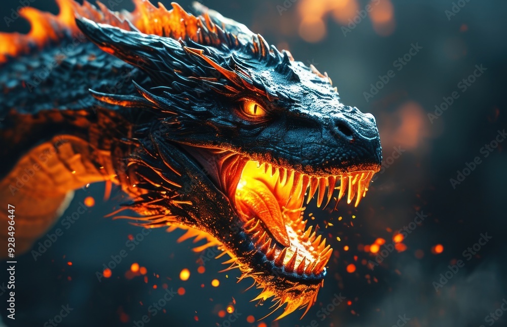 Close-up of a dragon with open mouth and glowing effect. Close-up of a dragon with open mouth and glowing effect.