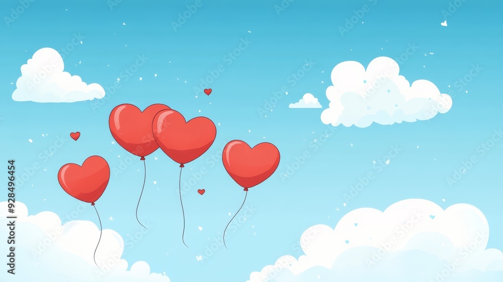 Valentine's Day flat background with heart-shaped balloons and clouds on a blue sky background. Valentine's Day flat background with heart-shaped balloons and clouds on a blue sky background.
