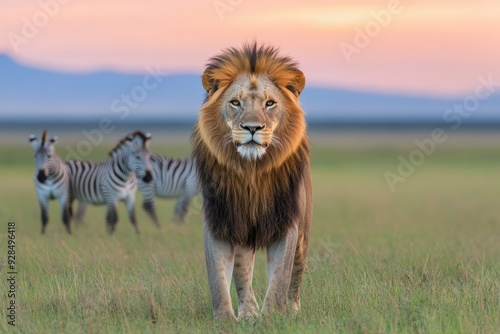 Majestic lion standing zebras in savannah at sunset