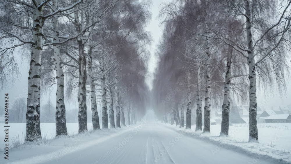 Birch Trees Lined with Snow Along a Winter Countryside Road Birch Trees Lined with Snow Along a Winter Countryside Road