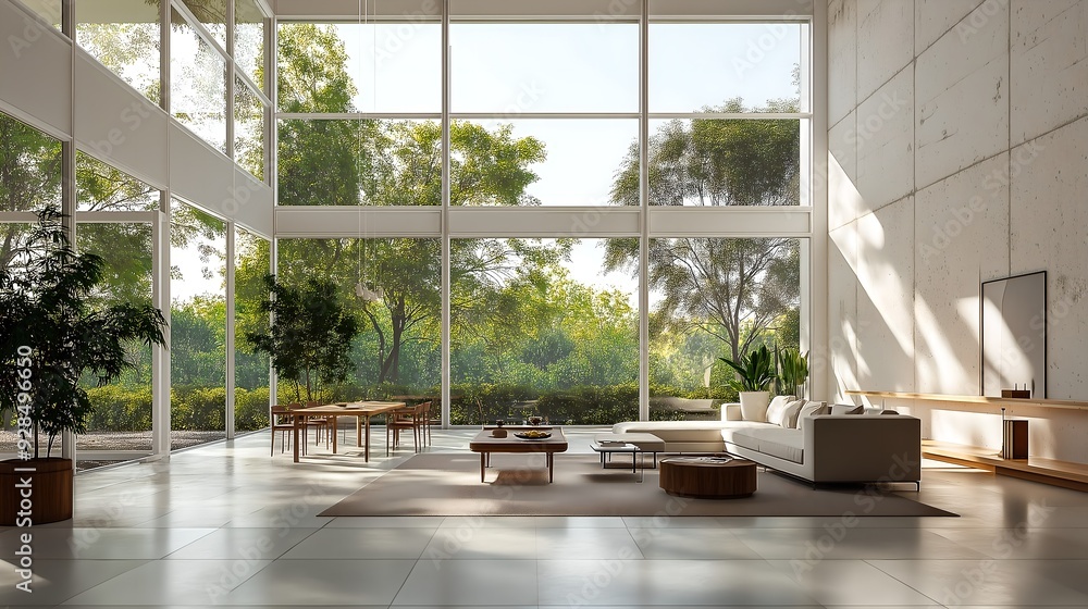 Serene minimalist interior with large floor-to-ceiling windows showcasing peaceful natural scenery, emphasizing a white-toned, zen-inspired, and tranquil design for posters, backgrounds, and banners Serene minimalist interior with large floor-to-ceiling windows showcasing peaceful natural scenery, emphasizing a white-toned, zen-inspired, and tranquil design for posters, backgrounds, and banners