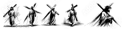 collection of jesus christ carrying the cross in sketchy, hand-drawn styl
