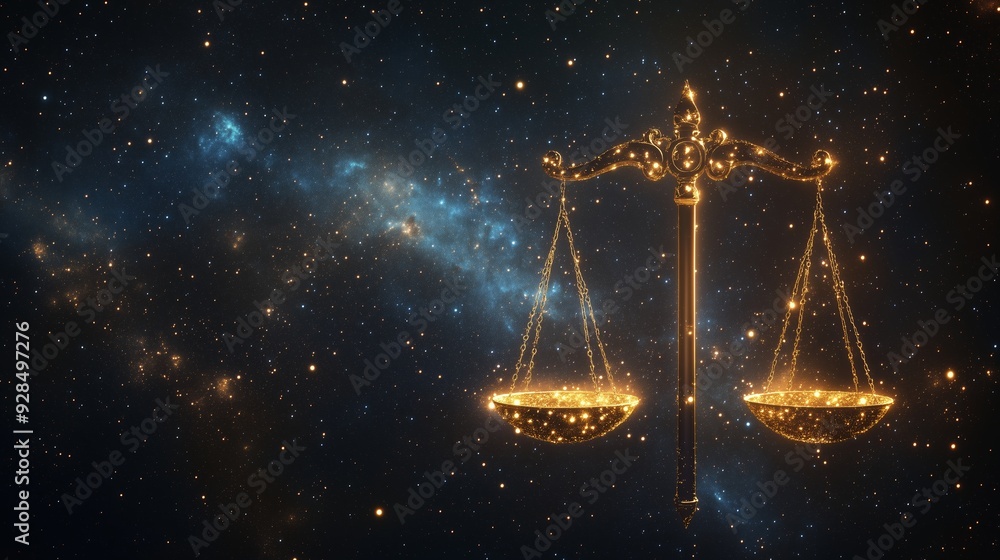 Golden scales of justice illuminated against a cosmic backdrop with sparkling stars Golden scales of justice illuminated against a cosmic backdrop with sparkling stars