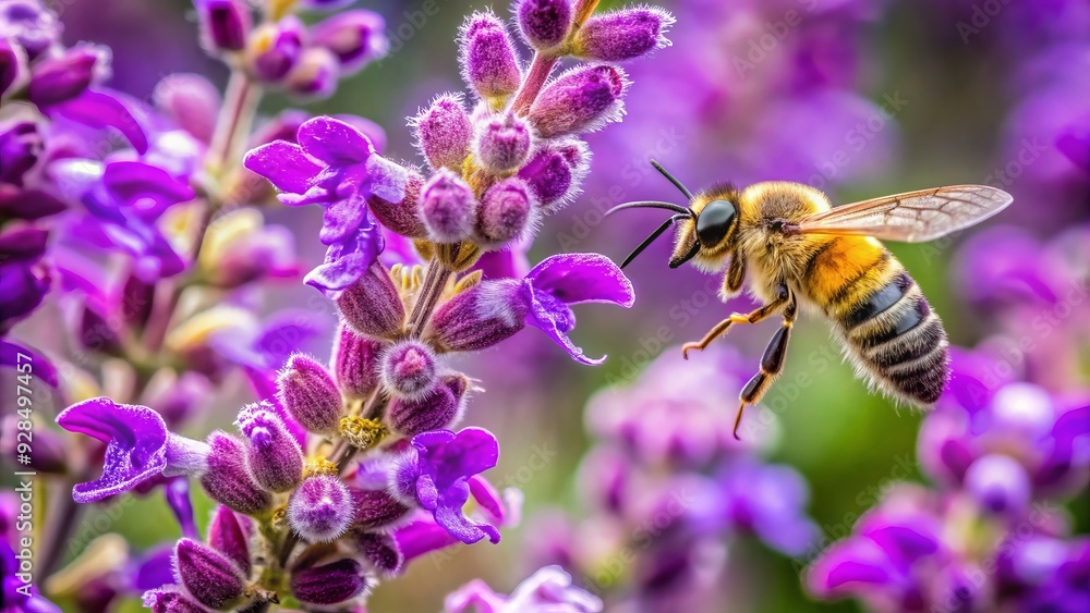 A native bee buzzes around vibrant purple flowers on a Mexican sage bush at a serene lodge near Cotopaxi National Park in Ecuador's picturesque landscape. A native bee buzzes around vibrant purple flowers on a Mexican sage bush at a serene lodge near Cotopaxi National Park in Ecuador's picturesque landscape.