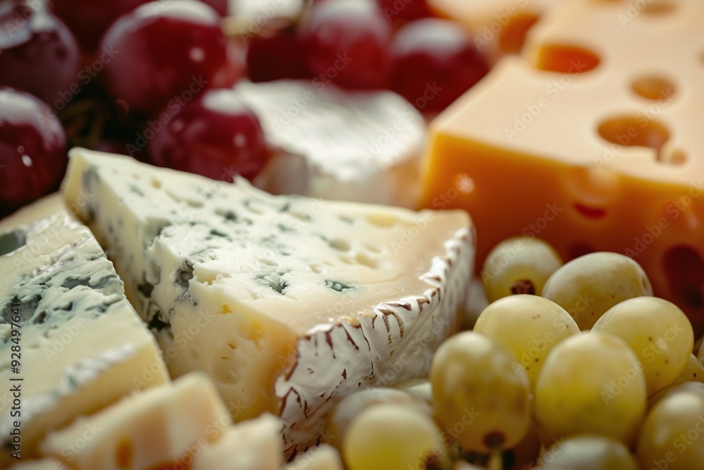An assortment of various cheeses and grapes displayed on a table. Generative Ai An assortment of various cheeses and grapes displayed on a table. Generative Ai