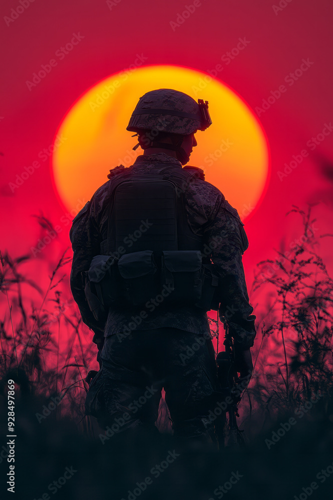 A soldier’s silhouette against a setting sun, isolated on a pastel pink background, symbolizing the end of a battle and the toll of war, A soldier’s silhouette against a setting sun, isolated on a pastel pink background, symbolizing the end of a battle and the toll of war,
