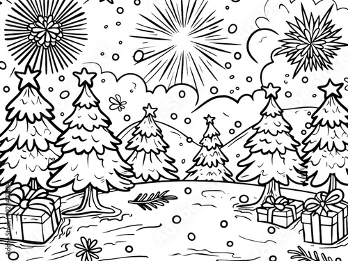 Charming in a snowy landscape with trees, perfect for holiday coloring. Vector, generative ai.