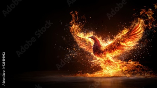 A majestic phoenix rises from flames, symbolizing rebirth and transformation in a stunning display of fire and elegance. photo