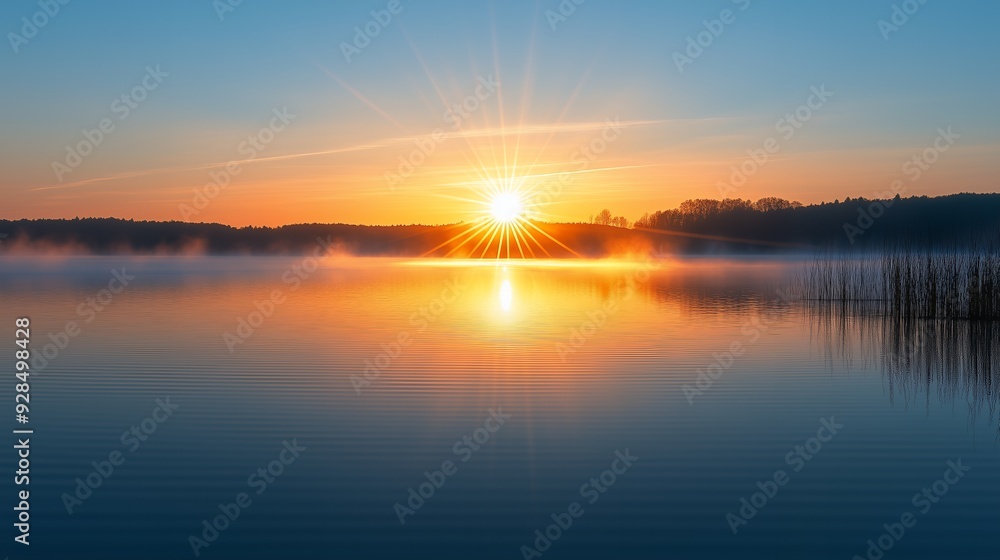 Fototapeta premium A breathtaking sunrise over a tranquil lake with fog and trees in the background.