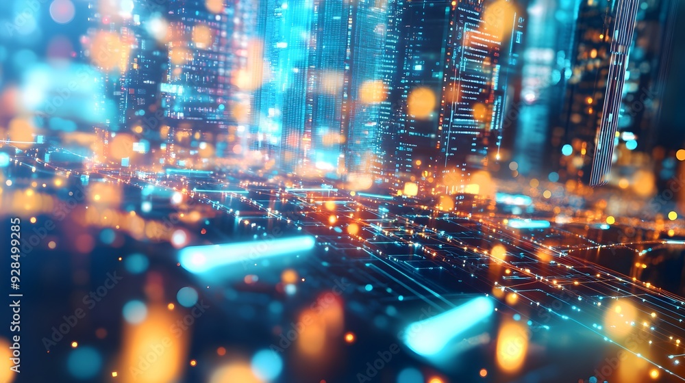 Futuristic Cityscape with Abstract Lights and Network Futuristic Cityscape with Abstract Lights and Network