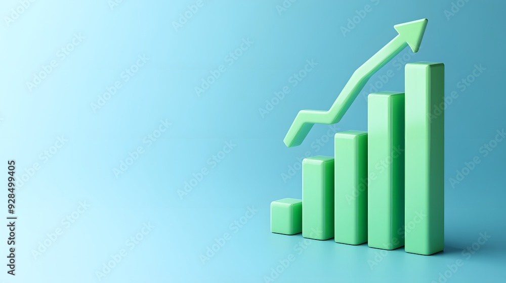 3D bar chart displaying growth with upward arrow on blue background, representing business success and financial improvement. 3D bar chart displaying growth with upward arrow on blue background, representing business success and financial improvement.