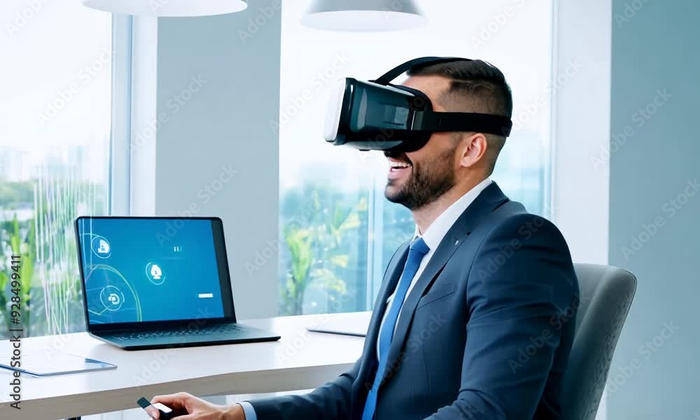 Smiling businessman in suit working on laptop at desk in office Smiling businessman in suit working on laptop at desk in office