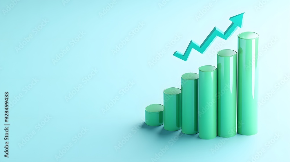 3D bar chart illustrating financial growth with an upward arrow, showcasing successful business performance and positive trend on a light blue background. 3D bar chart illustrating financial growth with an upward arrow, showcasing successful business performance and positive trend on a light blue background.