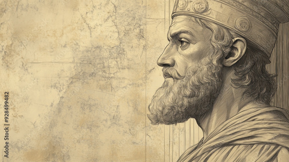 Fototapeta premium Biblical Illustration of King Xerxes Reflecting on the Day’s Events, Satisfied with Justice as He Considers Mordecai’s Loyalty in His Palace